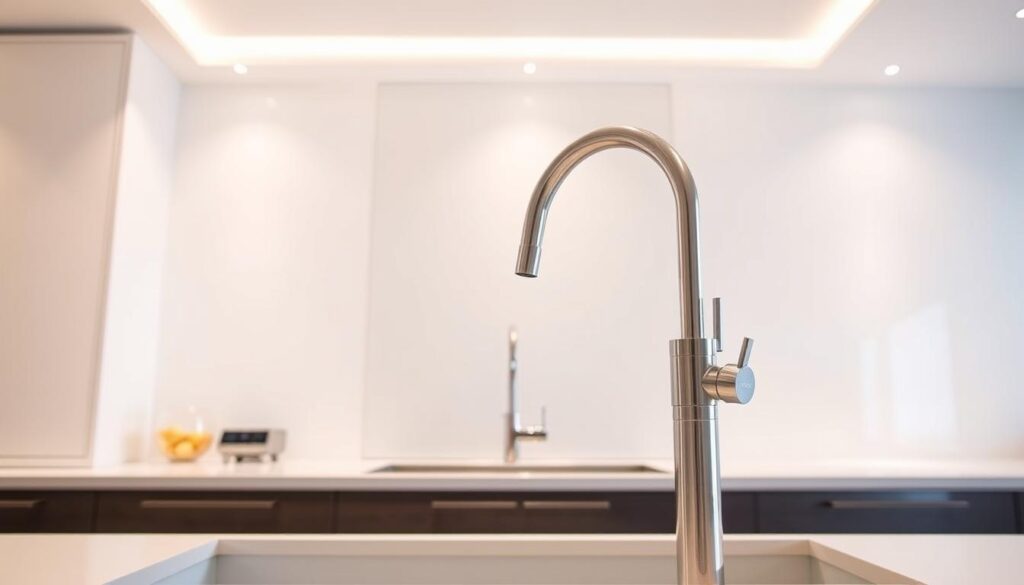 A sleek, modern kitchen interior with a focus on a prominent faucet fixture. The faucet stands out against a minimalist, light-colored countertop and backsplash. Soft, diffused lighting from above creates a warm, professional atmosphere. The faucet itself is depicted in high detail, showcasing its various components and construction. The image conveys a sense of quality and craftsmanship, highlighting the key factors that influence the cost of professional tap replacement, such as materials, design, and installation complexity.