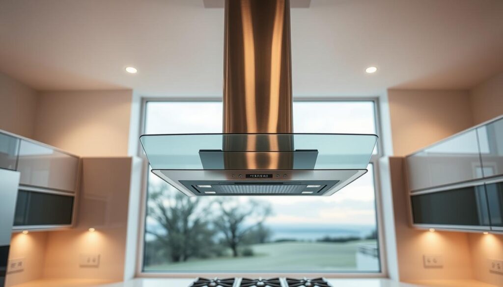 A sleek, modern kitchen interior with a prominent ventilation system installed. The foreground features a stainless steel extractor fan mounted above a state-of-the-art gas stove, its powerful blades whirring silently. The middle ground showcases clean, minimalist cabinetry and countertops, complemented by recessed lighting that casts a warm, inviting glow. In the background, a large window overlooks a serene outdoor scene, allowing natural light to flood the space. The overall atmosphere exudes efficiency, functionality, and a touch of sophistication, perfectly capturing the essence of a professional extractor fan kitchen installation. A sleek, modern kitchen interior with a prominent ventilation system installed. The foreground features a stainless steel extractor fan mounted above a state-of-the-art gas stove, its powerful blades whirring silently. The middle ground showcases clean, minimalist cabinetry and countertops, complemented by recessed lighting that casts a warm, inviting glow. In the background, a large window overlooks a serene outdoor scene, allowing natural light to flood the space. The overall atmosphere exudes efficiency, functionality, and a touch of sophistication, perfectly capturing the essence of a professional extractor fan kitchen installation.