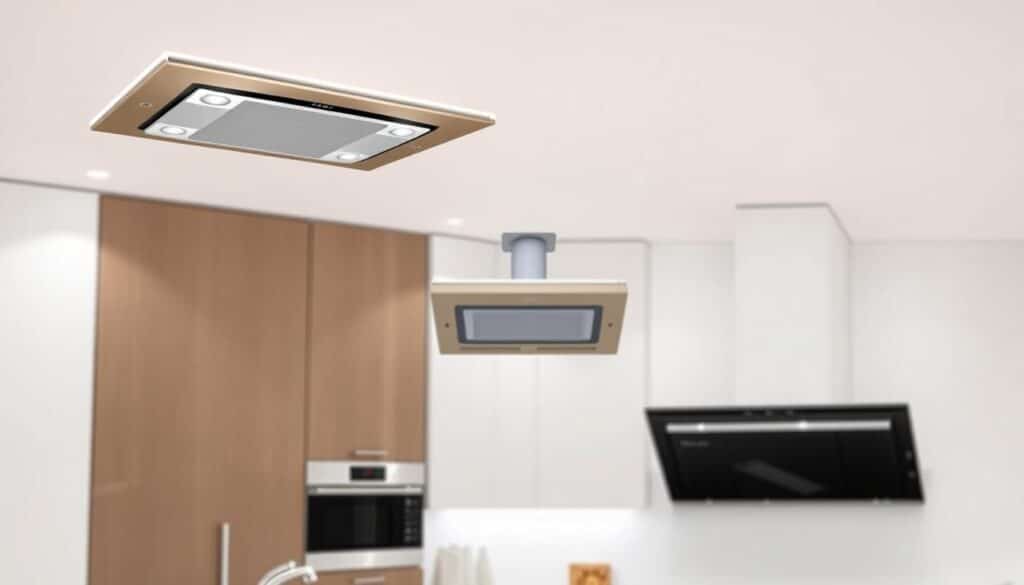 A sleek, modern kitchen with various extractor fan installation options displayed in an organized layout. In the foreground, a recessed ceiling-mounted extractor fan is shown, its stainless steel trim gleaming under soft, evenly distributed lighting. In the middle ground, a wall-mounted extractor fan is highlighted, its streamlined design and angled hood showcasing its versatility. The background features an island-mounted extractor fan, its powerful suction capabilities evident in the clean, uncluttered kitchen space. The scene is captured with a wide-angle lens, emphasizing the spaciousness and functionality of the kitchen. The overall mood is one of efficiency, practicality, and design-forward thinking, setting the stage for a comprehensive exploration of kitchen extractor fan installation options. A sleek, modern kitchen with various extractor fan installation options displayed in an organized layout. In the foreground, a recessed ceiling-mounted extractor fan is shown, its stainless steel trim gleaming under soft, evenly distributed lighting. In the middle ground, a wall-mounted extractor fan is highlighted, its streamlined design and angled hood showcasing its versatility. The background features an island-mounted extractor fan, its powerful suction capabilities evident in the clean, uncluttered kitchen space. The scene is captured with a wide-angle lens, emphasizing the spaciousness and functionality of the kitchen. The overall mood is one of efficiency, practicality, and design-forward thinking, setting the stage for a comprehensive exploration of kitchen extractor fan installation options.