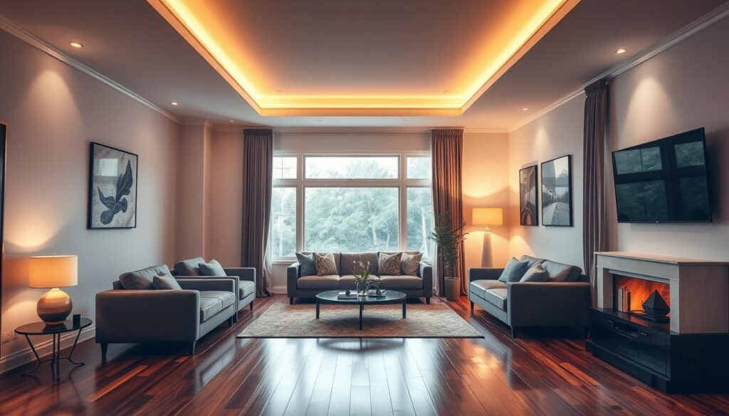 A sleek, modern living room with warm, diffused lighting illuminating a stylish hardwood floor. In the center, a detailed cost breakdown chart hovers, showcasing renovation expenses per square meter for various materials, finishes, and labor. The chart is presented against a muted, neutral-toned backdrop, allowing the information to be the focal point. The overall scene conveys a sense of informative clarity, guiding the viewer through the financial considerations of a living room renovation project in South Africa.