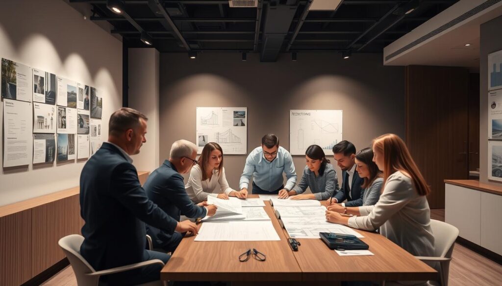A sleek, modern office interior with minimalist decor and clean lines. A team of architects and real estate professionals huddle around a large table, intently discussing blueprints and renovation plans for an investment property. Soft, directional lighting from recessed fixtures illuminates the scene, casting subtle shadows and highlighting the detailed schematics. The walls are adorned with inspirational mood boards and cost analysis charts, reflecting the strategic approach to maximizing the property's potential. An air of focused collaboration and analytical thoughtfulness permeates the room, conveying the carefully planned nature of the renovation process.