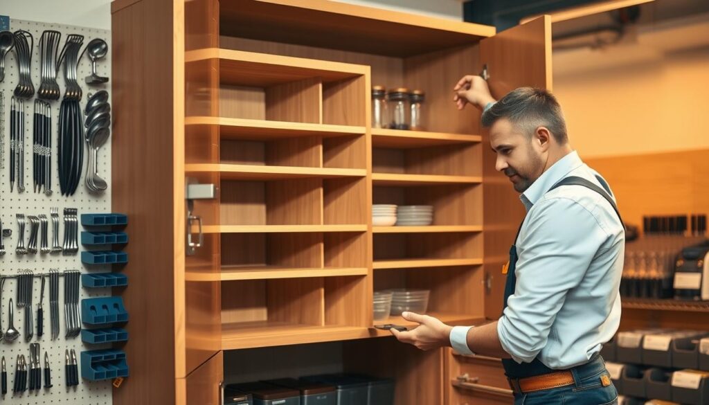 A sleek, modern pantry cupboard with elegant wooden shelves and chrome hardware, being expertly installed by a professional handyman in a well-lit, organized workshop. The handyman wears a crisp uniform and uses specialized tools to ensure a precise, seamless fit. The background features orderly rows of assorted pantry organization accessories, conveying a sense of expertise and attention to detail. Soft, directional lighting casts warm shadows, creating depth and highlighting the craftsmanship of the installation process. The overall scene exudes an atmosphere of competence, efficiency, and a commitment to providing high-quality pantry cupboard installation services.
