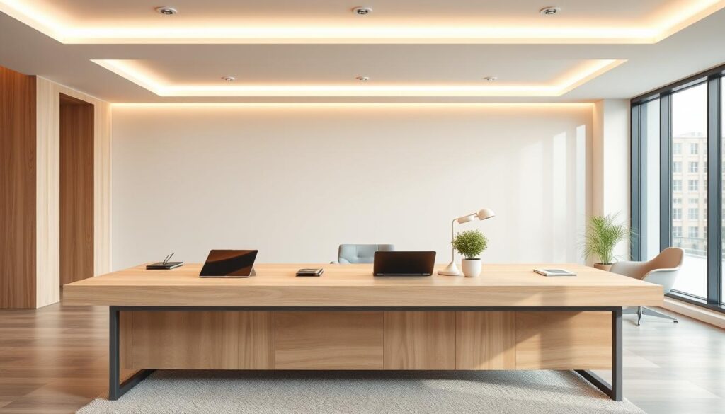 A sleek, modern reception desk against a backdrop of a minimalist office interior. The desk is made of a smooth, light-colored wood surface with clean lines, set upon a sturdy metal frame. Minimalist lighting fixtures above cast a warm, even glow across the scene. In the foreground, various accessories sit neatly arranged on the desk, such as a tablet, a decorative plant, and a small desk lamp. The middle ground features a plush, neutral-toned area rug and a few modern chairs positioned around the desk, creating an inviting and professional atmosphere. The background showcases floor-to-ceiling windows that let in abundant natural light, blending seamlessly with the office's modern, sophisticated aesthetic.
