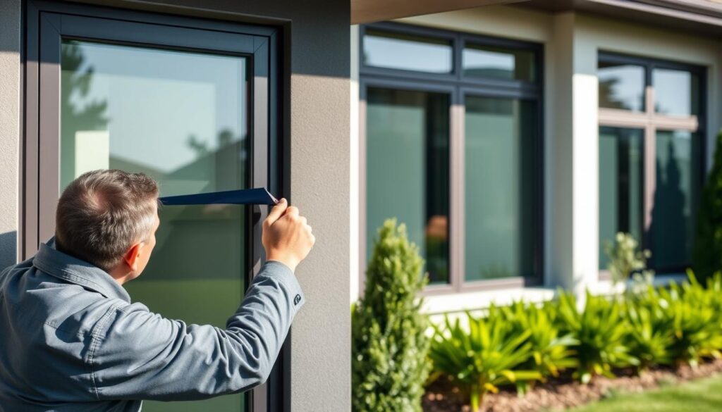 A sleek, modern residential exterior with a focus on the window tinting installation process. In the foreground, a professional technician carefully applies the tinting film, smoothing it seamlessly onto the window pane. The middle ground showcases the finished product, the tinted windows filtering the sunlight and providing a stylish, energy-efficient upgrade to the home. In the background, a well-manicured lawn and lush, verdant landscaping set the scene for this high-quality residential window tinting service. The lighting is soft and natural, highlighting the attention to detail and craftsmanship involved in this cost-effective home improvement.