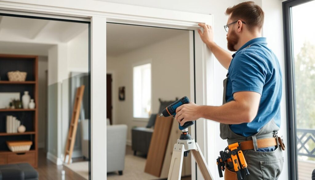 A sleek, modern sliding door installation in a bright, minimalist interior. The door's track and hardware are prominently featured, showcasing the technical details. In the foreground, a cost breakdown table floats, displaying itemized pricing factors such as door type, frame material, installation labor, and additional accessories. The middle ground shows the door in an open position, allowing a view of the room beyond. The background features a clean, white wall with subtle texture, creating a sense of depth and emphasizing the door's central role. Soft, diffused lighting illuminates the scene, highlighting the smooth, seamless operation of the sliding mechanism.