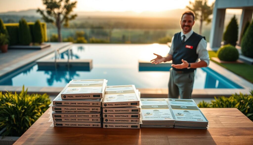 A sleek, modern swimming pool surrounded by a well-manicured garden. In the foreground, a stack of pool maintenance packages showcased on a wooden table, each with a clear price tag. The midground features a friendly handyman in a crisp uniform, gesturing towards the packages while explaining the services. The background displays a panoramic view of the lush Gauteng landscape, with the warm glow of the sun creating a tranquil ambiance. The image is captured with a shallow depth of field, emphasizing the focal points and creating a professional, high-quality impression.