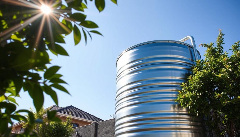 A sleek, modern water tank installation in a residential backyard in Gauteng, South Africa. The tank is a gleaming metallic cylinder, standing tall against a backdrop of lush greenery and a clear blue sky. The installation is expertly crafted, with clean lines and a minimalist design that seamlessly blends into the landscape. Sunlight filters through the leaves, casting a warm, natural glow on the scene. The angle showcases the tank's size and prominence, highlighting the importance of this sustainable water storage solution for homes in the region. A sleek, modern water tank installation in a residential backyard in Gauteng, South Africa. The tank is a gleaming metallic cylinder, standing tall against a backdrop of lush greenery and a clear blue sky. The installation is expertly crafted, with clean lines and a minimalist design that seamlessly blends into the landscape. Sunlight filters through the leaves, casting a warm, natural glow on the scene. The angle showcases the tank's size and prominence, highlighting the importance of this sustainable water storage solution for homes in the region.