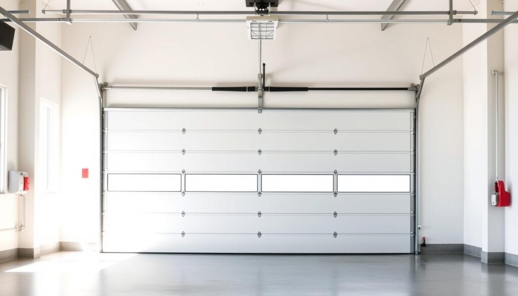 A spacious garage interior with a large, modern garage door centrally positioned. The door is made of high-quality materials, with a sleek, minimalist design in a neutral color palette. The lighting is warm and natural, casting a soft glow throughout the space. In the foreground, a price guide booklet is neatly placed, showcasing the various options and costs for garage door installation in the Gauteng region. The background features clean, uncluttered walls and a well-organized storage area, conveying a sense of practicality and professionalism. The overall atmosphere is one of a well-planned, functional, and visually appealing garage space.