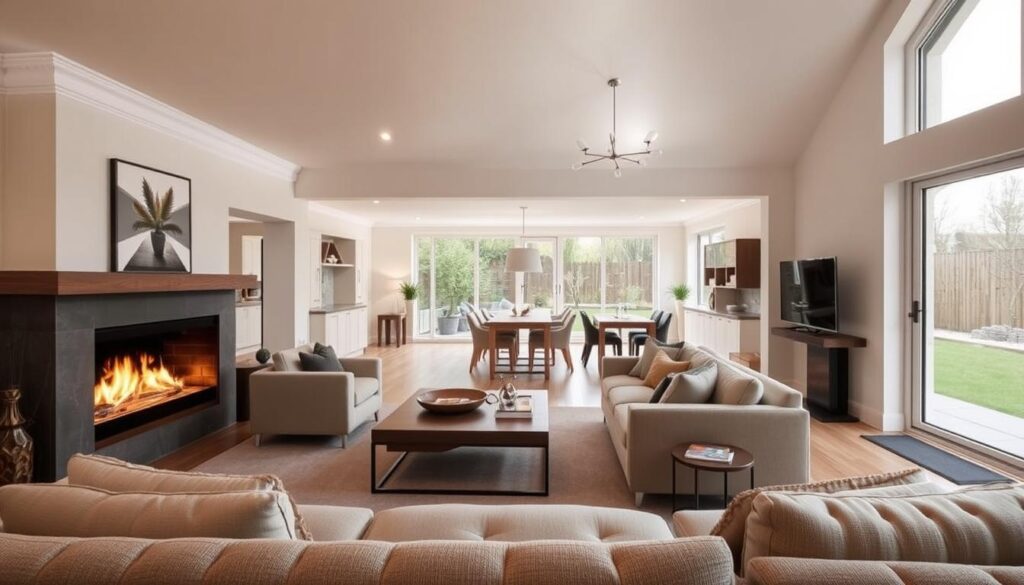 A spacious, well-lit living room with an elegant extension. The foreground features a cozy seating area with plush furniture, a stylish coffee table, and a warm, inviting fireplace. The middle ground showcases the extension, with large windows that flood the space with natural light and offer a serene garden view. The background depicts a modern, open-concept design with minimalist decor, highlighting the potential for customization and personalization. The scene conveys a sense of comfort, sophistication, and the impact of thoughtful design choices on the overall cost of a living room extension. A spacious, well-lit living room with an elegant extension. The foreground features a cozy seating area with plush furniture, a stylish coffee table, and a warm, inviting fireplace. The middle ground showcases the extension, with large windows that flood the space with natural light and offer a serene garden view. The background depicts a modern, open-concept design with minimalist decor, highlighting the potential for customization and personalization. The scene conveys a sense of comfort, sophistication, and the impact of thoughtful design choices on the overall cost of a living room extension.