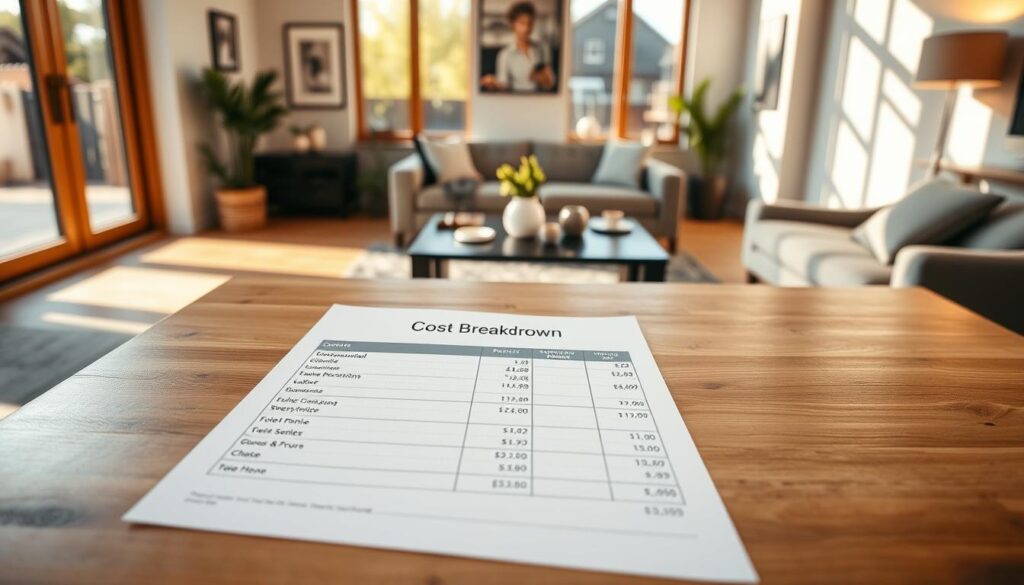 A stylish, contemporary living room with a neatly organized cost breakdown displayed on a sleek, minimalist wooden table. The room is bathed in warm, natural lighting filtering in through large windows, creating a cozy and inviting atmosphere. On the table, various cost elements such as construction materials, labor, permits, and other expenses are presented in a clear and visually appealing manner, using a combination of concise text and simple icons. The overall layout and design of the cost breakdown convey a sense of professionalism and attention to detail, making it easy for the viewer to understand the various components that contribute to the total cost of a living room extension project. A stylish, contemporary living room with a neatly organized cost breakdown displayed on a sleek, minimalist wooden table. The room is bathed in warm, natural lighting filtering in through large windows, creating a cozy and inviting atmosphere. On the table, various cost elements such as construction materials, labor, permits, and other expenses are presented in a clear and visually appealing manner, using a combination of concise text and simple icons. The overall layout and design of the cost breakdown convey a sense of professionalism and attention to detail, making it easy for the viewer to understand the various components that contribute to the total cost of a living room extension project.