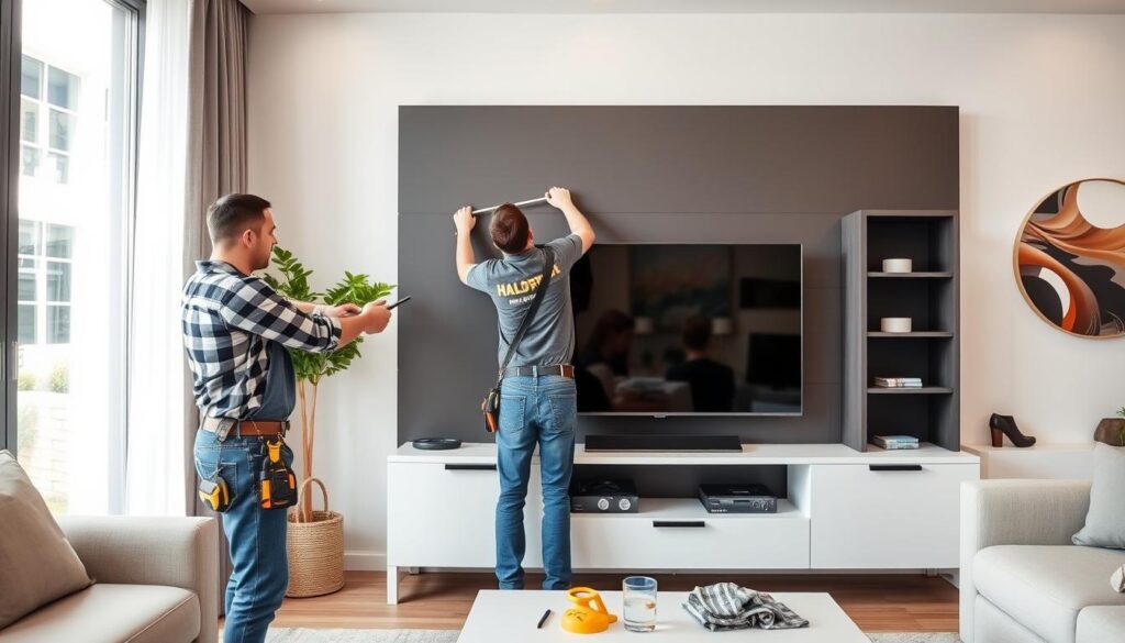 A stylized technical diagram showcasing the key factors that influence the cost of a TV unit installation. The image features a sleek, minimalist design with a clean, monochromatic color palette of grays, whites, and subtle accents of blue. In the foreground, a central TV unit is prominently displayed, surrounded by various icons and infographic elements representing the different cost factors, such as wall type, wiring complexity, TV size, and labor requirements. The middle ground contains detailed schematics and diagrams illustrating the installation process, while the background features a subtle grid pattern, adding a sense of structure and organization. The overall atmosphere is one of professionalism, practicality, and visual clarity, effectively conveying the informative nature of the TV installation pricing guide.
