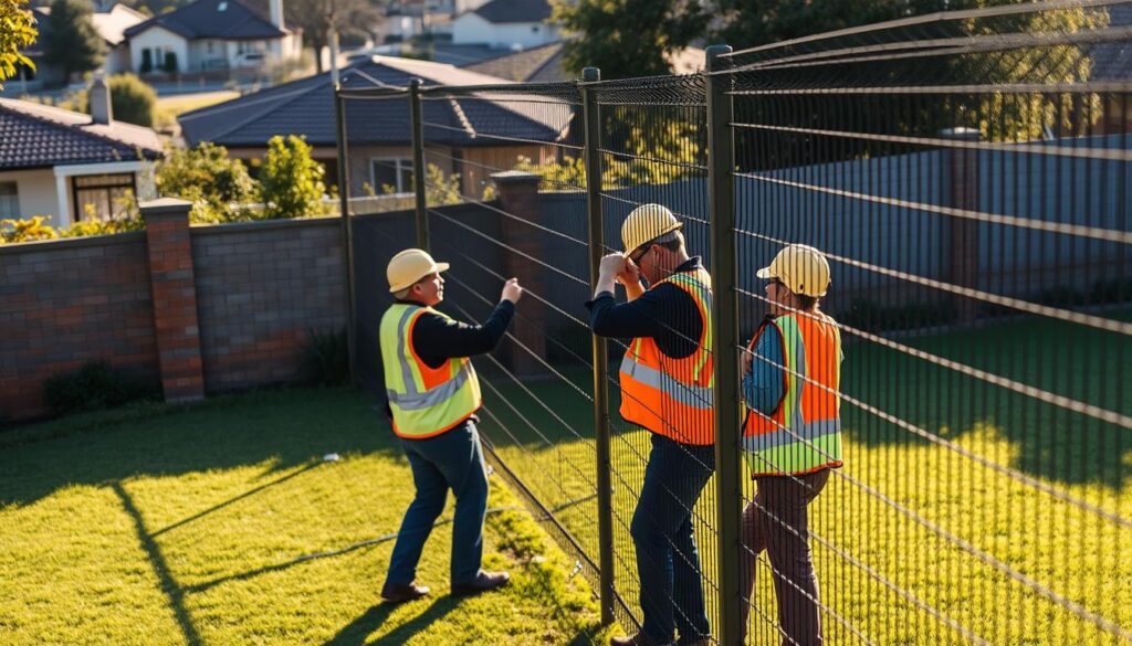 A team of professional electric fence specialists, dressed in safety gear, expertly installing a robust, high-quality fence system in a Gauteng residential property. The scene is illuminated by warm, natural lighting, casting subtle shadows that accentuate the intricate details of the installation process. The specialists, focused and experienced, navigate the installation with precision, ensuring the fence's seamless integration into the landscape. The background features a well-manicured lawn, lush greenery, and a hint of the surrounding suburban neighborhood, conveying a sense of reliable and trustworthy service within a welcoming, residential setting. A team of professional electric fence specialists, dressed in safety gear, expertly installing a robust, high-quality fence system in a Gauteng residential property. The scene is illuminated by warm, natural lighting, casting subtle shadows that accentuate the intricate details of the installation process. The specialists, focused and experienced, navigate the installation with precision, ensuring the fence's seamless integration into the landscape. The background features a well-manicured lawn, lush greenery, and a hint of the surrounding suburban neighborhood, conveying a sense of reliable and trustworthy service within a welcoming, residential setting.
