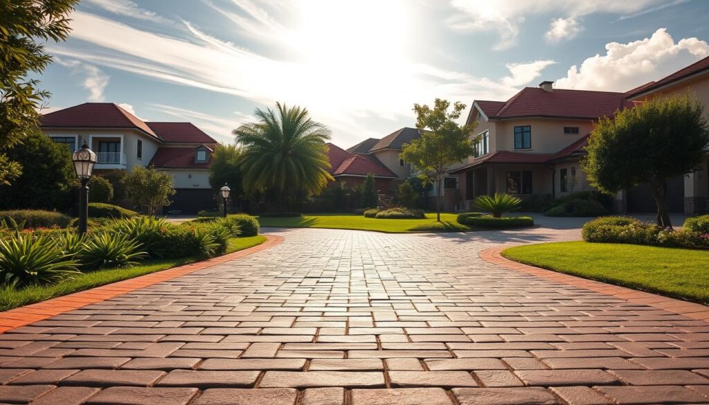 A tranquil driveway scene showcasing the regional variations in paving costs across Johannesburg, Sandton, and Pretoria. The foreground features a well-maintained driveway, its surface texture and color varying subtly to depict the unique pricing dynamics of each area. The middle ground presents lush, verdant landscaping, reflecting the upscale neighborhoods. In the background, a blend of modern and traditional architectural styles creates a harmonious suburban ambiance. Warm, diffused sunlight filters through wispy clouds, casting gentle shadows and highlighting the tactile quality of the paving materials. The overall composition conveys a sense of stylish, high-end residential living, inviting the viewer to explore the regional nuances of driveway paving costs across Gauteng. A tranquil driveway scene showcasing the regional variations in paving costs across Johannesburg, Sandton, and Pretoria. The foreground features a well-maintained driveway, its surface texture and color varying subtly to depict the unique pricing dynamics of each area. The middle ground presents lush, verdant landscaping, reflecting the upscale neighborhoods. In the background, a blend of modern and traditional architectural styles creates a harmonious suburban ambiance. Warm, diffused sunlight filters through wispy clouds, casting gentle shadows and highlighting the tactile quality of the paving materials. The overall composition conveys a sense of stylish, high-end residential living, inviting the viewer to explore the regional nuances of driveway paving costs across Gauteng.