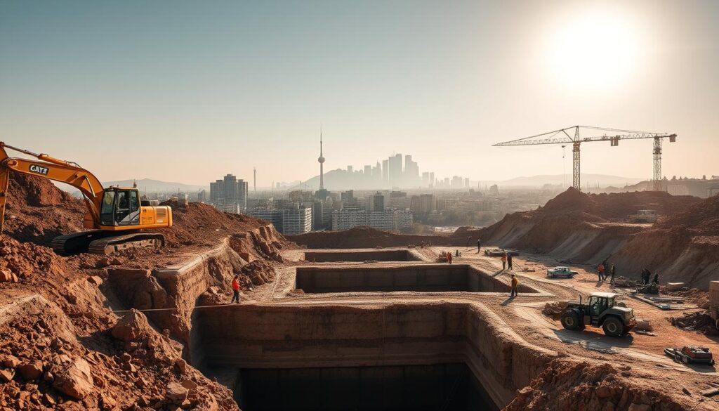 A vast construction site in South Africa, featuring an extensive foundation excavation project. In the foreground, heavy machinery digs deep into the earth, exposing layers of soil and rock. The middle ground showcases the precise planning and organization of the site, with workers meticulously measuring and marking the excavation boundaries. In the background, the skyline of a bustling city, Johannesburg or Pretoria, rises majestically, hinting at the scale and importance of this infrastructure development. The scene is bathed in warm, golden light, capturing the sun's rays filtering through the dust and haze, conveying a sense of progress and industrious activity. The overall mood is one of purposeful, efficient construction, showcasing the technical expertise required for foundation excavation in the region. A vast construction site in South Africa, featuring an extensive foundation excavation project. In the foreground, heavy machinery digs deep into the earth, exposing layers of soil and rock. The middle ground showcases the precise planning and organization of the site, with workers meticulously measuring and marking the excavation boundaries. In the background, the skyline of a bustling city, Johannesburg or Pretoria, rises majestically, hinting at the scale and importance of this infrastructure development. The scene is bathed in warm, golden light, capturing the sun's rays filtering through the dust and haze, conveying a sense of progress and industrious activity. The overall mood is one of purposeful, efficient construction, showcasing the technical expertise required for foundation excavation in the region.