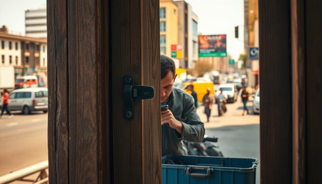 A weathered door frame in the foreground, partially obscured by a toolbox and various repair supplies. In the middle ground, a contractor examines the door's hinges and locks, brow furrowed in concentration. The background showcases the bustling streets of Johannesburg, with pedestrians and vehicles passing by, conveying the urban setting. Warm, natural lighting filters through the scene, casting soft shadows and highlighting the texture of the aging wood. The overall mood is one of focused problem-solving, emphasizing the practical and technical aspects of door repair in the vibrant city landscape. A weathered door frame in the foreground, partially obscured by a toolbox and various repair supplies. In the middle ground, a contractor examines the door's hinges and locks, brow furrowed in concentration. The background showcases the bustling streets of Johannesburg, with pedestrians and vehicles passing by, conveying the urban setting. Warm, natural lighting filters through the scene, casting soft shadows and highlighting the texture of the aging wood. The overall mood is one of focused problem-solving, emphasizing the practical and technical aspects of door repair in the vibrant city landscape.