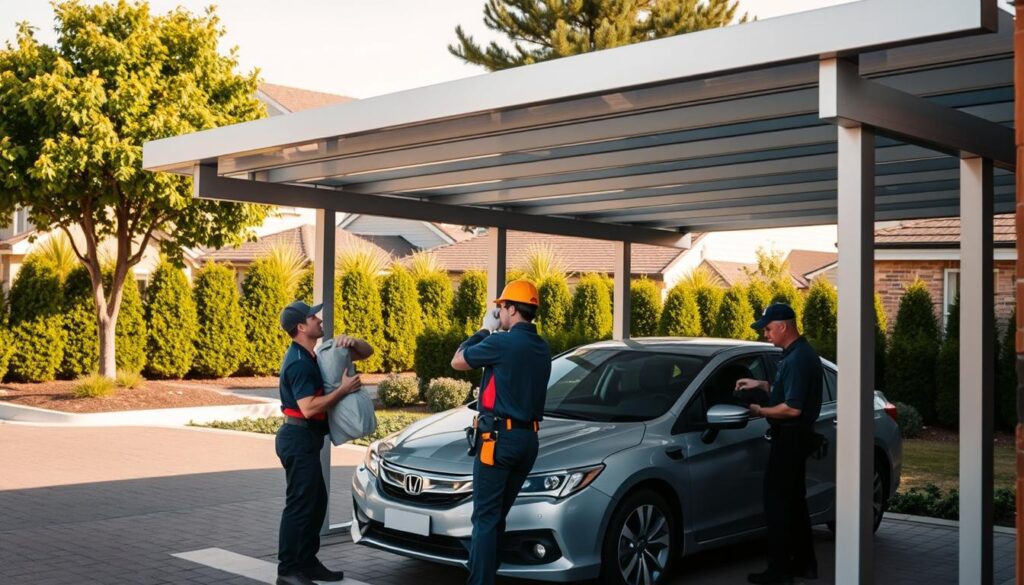 A well-equipped team of professional carport installers, dressed in uniform workwear, carefully assembling a modern, minimalist carport structure with clean lines and a sleek, aluminum frame. The scene is bathed in warm, natural lighting, casting soft shadows and highlighting the precision of their work. In the background, a neatly landscaped suburban setting with lush greenery provides a serene, residential backdrop. The overall mood conveys a sense of expertise, efficiency, and a commitment to delivering high-quality carport installation services. A well-equipped team of professional carport installers, dressed in uniform workwear, carefully assembling a modern, minimalist carport structure with clean lines and a sleek, aluminum frame. The scene is bathed in warm, natural lighting, casting soft shadows and highlighting the precision of their work. In the background, a neatly landscaped suburban setting with lush greenery provides a serene, residential backdrop. The overall mood conveys a sense of expertise, efficiency, and a commitment to delivering high-quality carport installation services.