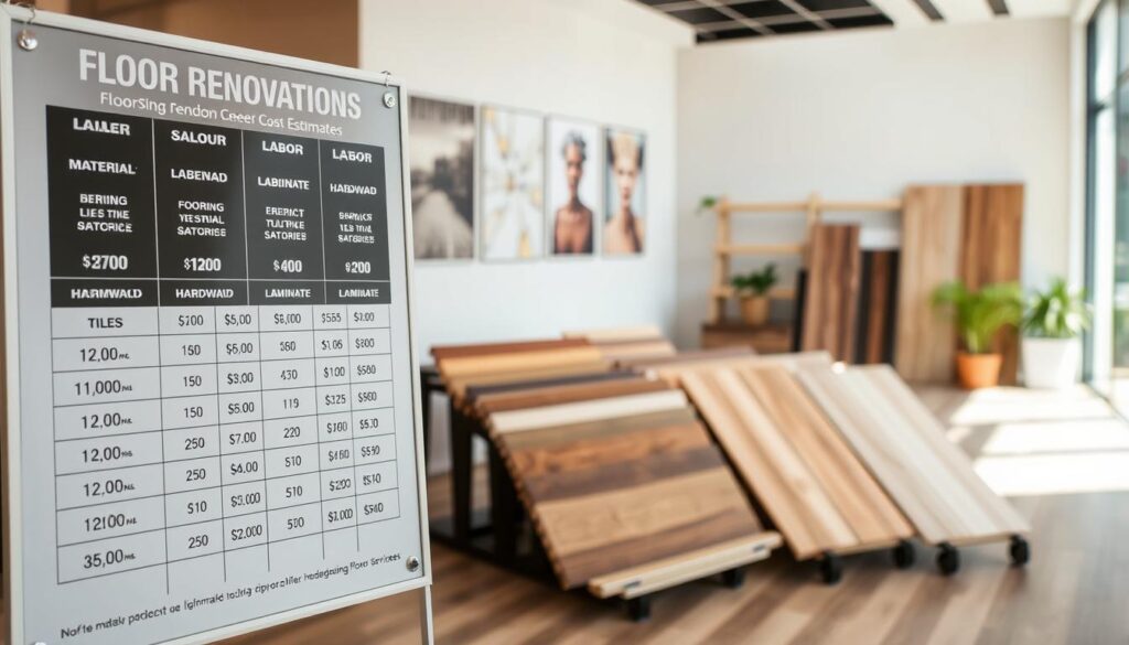 A well-lit and detailed image showcasing a comparison of floor renovation cost estimates in Johannesburg. The foreground features a display board with neatly organized price ranges for different flooring materials, labor, and handyman services. The middle ground shows a selection of flooring samples, including tiles, hardwood, and laminate. The background depicts a modern office or showroom setting with clean lines, neutral colors, and natural lighting, conveying a professional and informative atmosphere. The overall composition highlights the regional pricing variations and the independent handyman service approach for floor renovations in the Gauteng region.