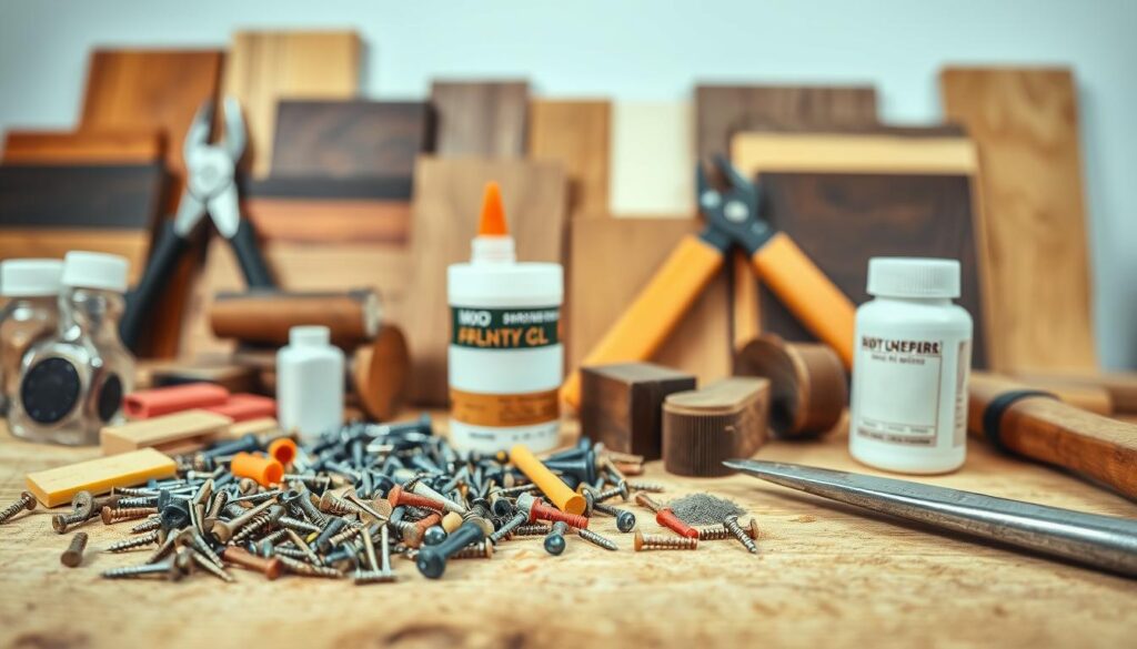 A well-lit close-up photograph of an assortment of common furniture repair materials and tools, neatly arranged on a wooden workbench. In the foreground, a variety of screws, nails, glue, sandpaper, and wood filler in various sizes and colors. In the middle ground, a set of pliers, a hammer, and a wood chisel. In the background, a collection of stained and varnished wood samples, representing the range of furniture finishes found in Johannesburg homes. The lighting is soft and diffused, highlighting the textures and details of the materials, conveying a sense of craftsmanship and professionalism associated with quality furniture repair services in South Africa.