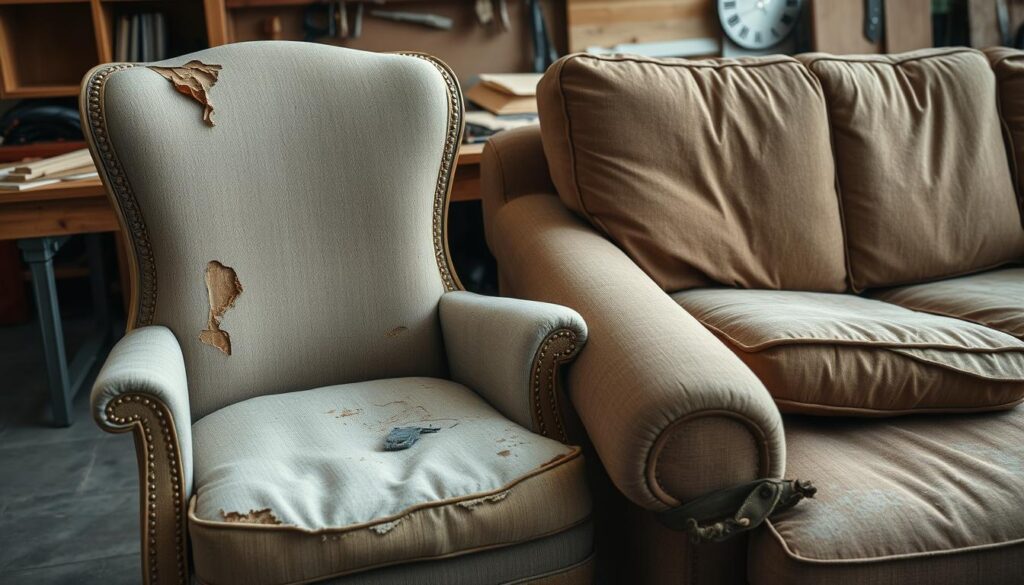 A well-lit close-up shot of a damaged chair and sofa, showcasing the various cost factors involved in their repair. The chair has torn upholstery, worn-out cushions, and loose joints, while the sofa exhibits faded fabric, sagging cushions, and scratched wooden frames. The image should convey a sense of disrepair, highlighting the need for professional restoration services. Subtle background details like tools, spare parts, and a repair workshop environment should provide context. The lighting should be natural and evenly distributed, emphasizing the texture and condition of the furniture. The camera angle should be slightly elevated to provide a comprehensive view of the repair considerations.
