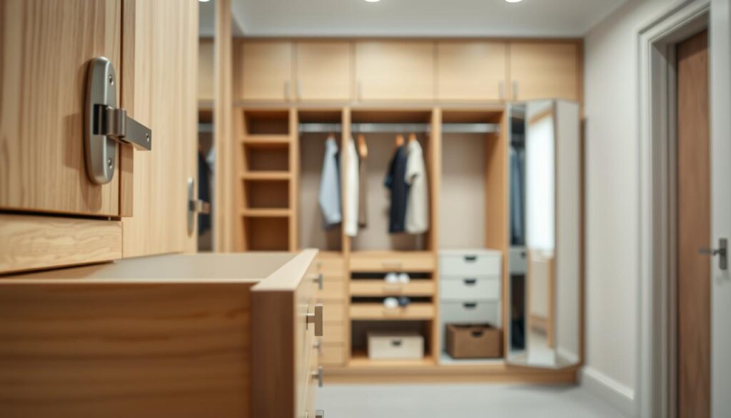 A well-lit, close-up studio shot of a fitted wardrobe, showcasing its key cost factors. In the foreground, detailed views of premium materials like solid wood, high-quality hinges, and soft-close drawers. In the middle ground, a partially open wardrobe revealing the interior shelving, hanging rails, and customizable organization systems. In the background, a minimalist, neutral-toned setting that highlights the wardrobe's design and craftsmanship. Crisp, high-resolution photography with a shallow depth of field, emphasizing the texture and quality of the wardrobe components.