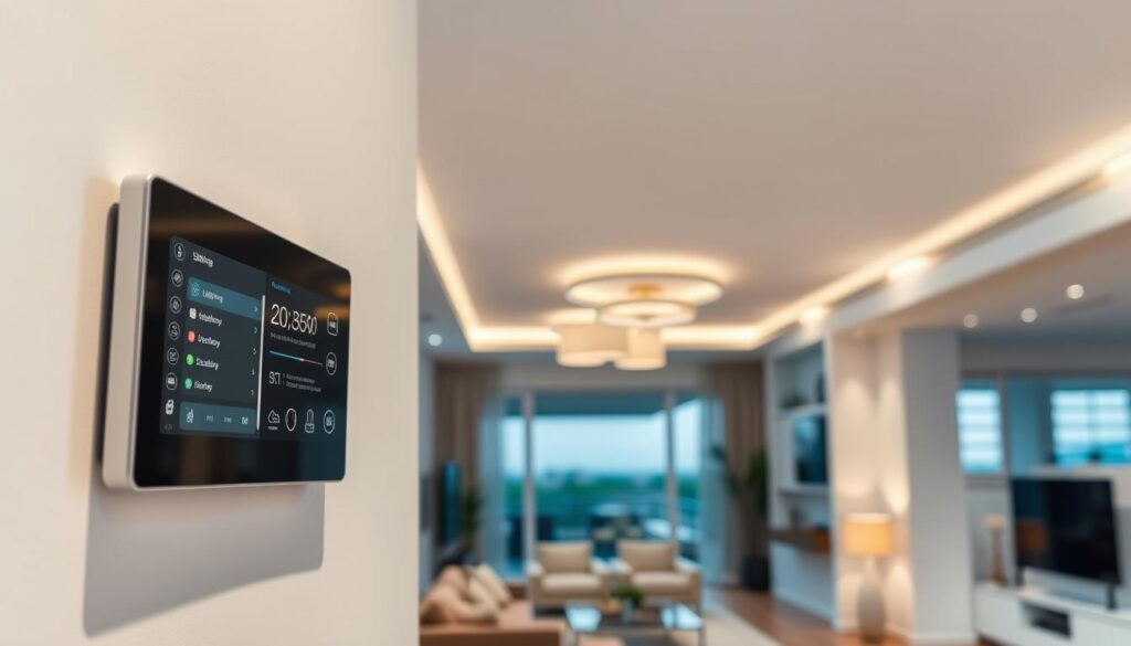 A well-lit, contemporary home interior showcasing various home automation devices and control panels. In the foreground, a sleek, touchscreen control panel mounted on the wall, displaying a user interface with adjustable settings for lighting, temperature, security, and entertainment systems. In the middle ground, smart lighting fixtures, discreetly integrated into the ceiling and walls, casting a warm, ambient glow. In the background, a panoramic view of the living room, featuring minimalist furniture, large windows, and hints of a modern, open-plan kitchen. The overall atmosphere conveys a sense of seamless, efficient home management and technological integration. A well-lit, contemporary home interior showcasing various home automation devices and control panels. In the foreground, a sleek, touchscreen control panel mounted on the wall, displaying a user interface with adjustable settings for lighting, temperature, security, and entertainment systems. In the middle ground, smart lighting fixtures, discreetly integrated into the ceiling and walls, casting a warm, ambient glow. In the background, a panoramic view of the living room, featuring minimalist furniture, large windows, and hints of a modern, open-plan kitchen. The overall atmosphere conveys a sense of seamless, efficient home management and technological integration.