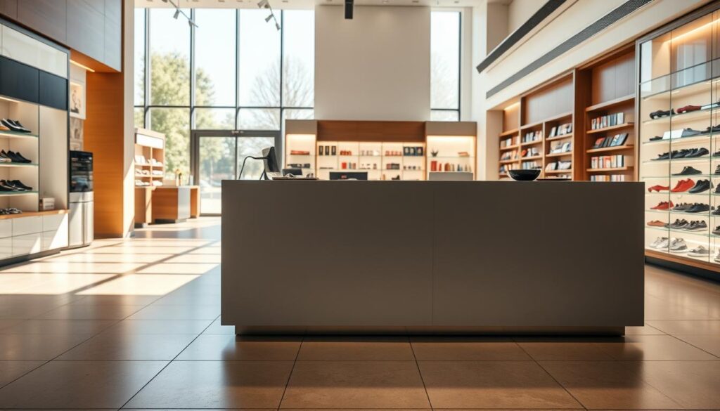 A well-lit, contemporary retail space with a sleek, modern shop counter made of high-quality materials like polished granite or stainless steel. The counter stands in the foreground, casting subtle shadows on the tiled floor below. In the middle ground, the space is filled with an array of neatly displayed merchandise, conveying a sense of professionalism and efficiency. The background features floor-to-ceiling windows, allowing natural light to flood the interior and creating a bright, airy atmosphere. The overall scene suggests a high-end, upscale retail environment with a focus on quality and customer experience.