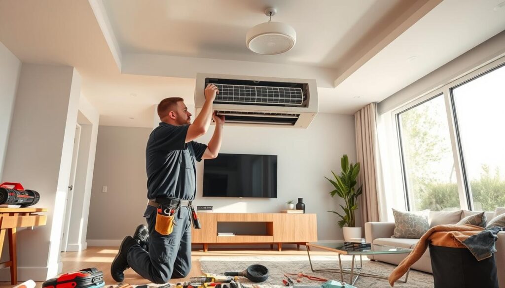 A well-lit, detailed interior scene of a residential space showcasing an air conditioning unit installation process. In the foreground, a technician in a uniform is shown meticulously connecting the indoor and outdoor units, with various tools and materials laid out nearby. The middle ground features the newly installed air conditioning system, its sleek, modern design blending seamlessly with the room's decor. The background depicts a stylish, contemporary living room with large windows, allowing natural light to flood the space. The overall mood is one of professionalism, efficiency, and attention to detail, capturing the essence of a reliable air conditioning installation service. A well-lit, detailed interior scene of a residential space showcasing an air conditioning unit installation process. In the foreground, a technician in a uniform is shown meticulously connecting the indoor and outdoor units, with various tools and materials laid out nearby. The middle ground features the newly installed air conditioning system, its sleek, modern design blending seamlessly with the room's decor. The background depicts a stylish, contemporary living room with large windows, allowing natural light to flood the space. The overall mood is one of professionalism, efficiency, and attention to detail, capturing the essence of a reliable air conditioning installation service.