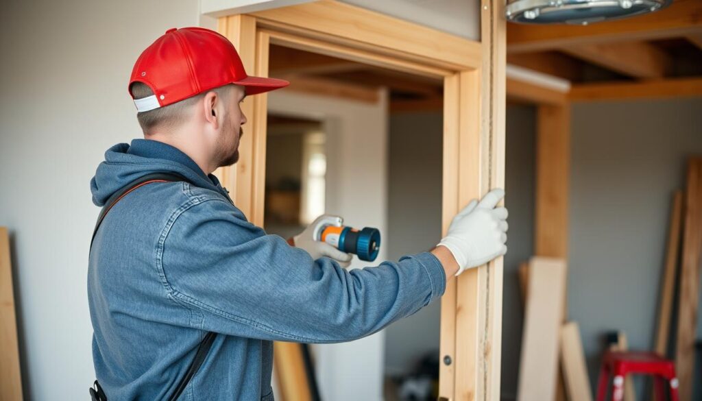 A well-lit, detailed scene showcasing the key factors that affect the cost of door frame installation. In the foreground, a partially installed door frame highlights the materials, tools, and labor required. In the middle ground, a breakdown of cost components such as frame type, hardware, and labor hours. In the background, an architectural blueprint and a contractor examining a cost estimate. The scene conveys a professional, informative atmosphere to visually explain the nuances of door frame installation pricing.