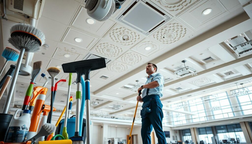 A well-lit, expansive interior space showcasing the key factors that influence ceiling cleaning prices. In the foreground, a detailed close-up of various cleaning tools and supplies, including brushes, mops, and specialty chemicals. In the middle ground, a technician in professional attire examines a section of the ceiling, evaluating factors like surface material, height, and accessibility. The background features a panoramic view of the room, highlighting the scale and complexity of the task, with high ceilings, intricate architectural details, and lighting fixtures that require specialized attention. The overall scene conveys a sense of professionalism, attention to detail, and the multifaceted considerations that go into determining a fair and accurate ceiling cleaning quote.