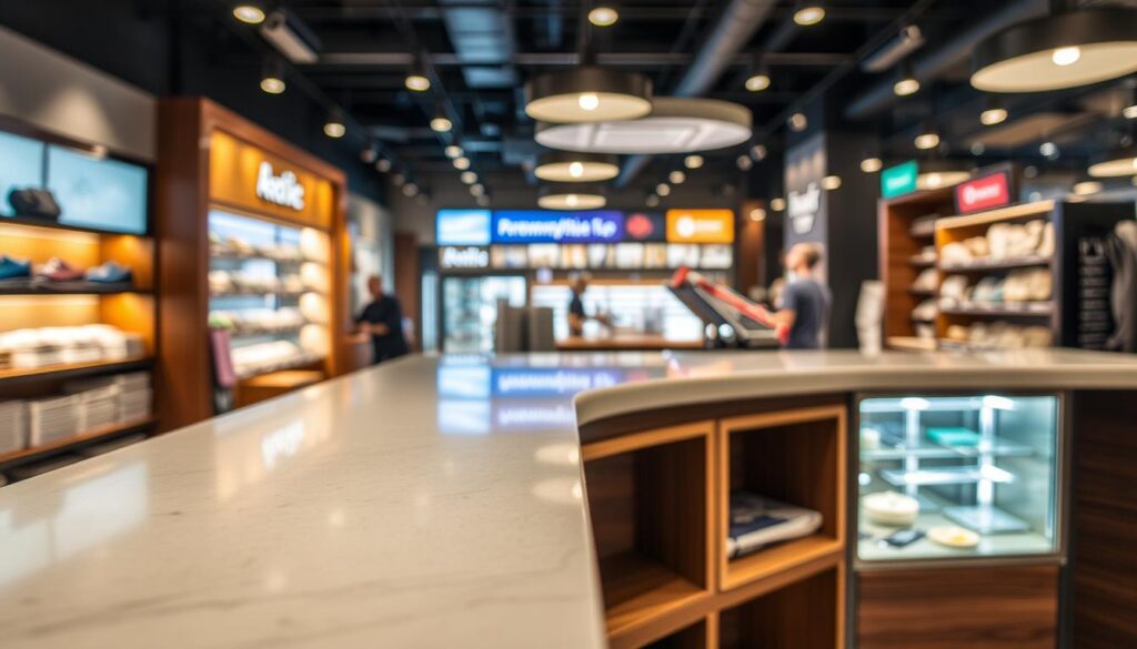 A well-lit, high-angle view of a commercial shop counter installation, showcasing the key factors that affect its cost. In the foreground, a close-up of the counter's construction materials, including sleek, polished stone or laminate surface, sturdy wood or metal frame, and integrated storage compartments. In the middle ground, a wider view of the counter setup, highlighting customizable features like lighting, signage, and display shelves. In the background, a sense of the retail environment, with subtle hints of the store's branding, decor, and customer flow. The overall scene conveys a professional, high-quality installation that balances form and function, reflecting the various cost considerations a business owner would need to account for.