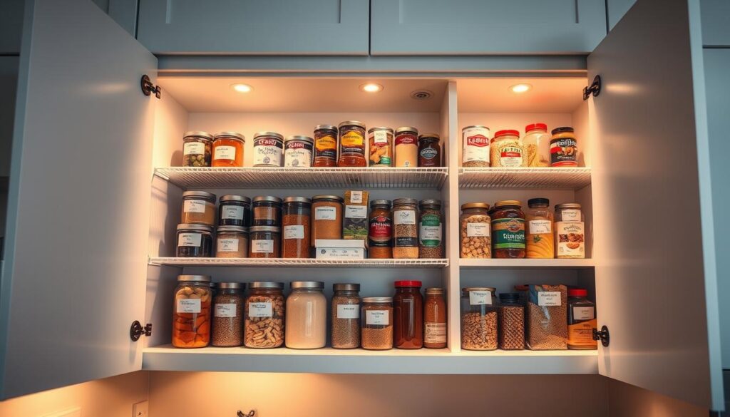 A well-lit, high-angle view of a neatly arranged pantry cupboard interior, showcasing various installation price factors. The shelves display an assortment of labeled jars, cans, and dry goods, with price tags on each item. The background features a clean, minimalist kitchen environment, with subtle shadows and warm, inviting lighting. The composition emphasizes the organizational aspects of the pantry, highlighting the variables that contribute to the overall installation cost, such as the quality of materials, customization options, and labor requirements.