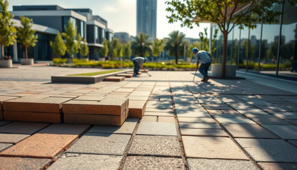 A well-lit, high-quality photograph showcasing various paving installation price ranges across Gauteng. The foreground features neatly arranged paving stones in a range of colors and textures, representing different price tiers. The middle ground displays a scene of professional paving workers diligently installing the pavers, capturing the quality of workmanship. In the background, a modern urban landscape with sleek buildings and lush greenery creates a visually appealing context. The lighting is soft and natural, casting gentle shadows that accentuate the paving details. The overall composition conveys a sense of professionalism, reliability, and the diverse price options available for paving installation in the Gauteng region.