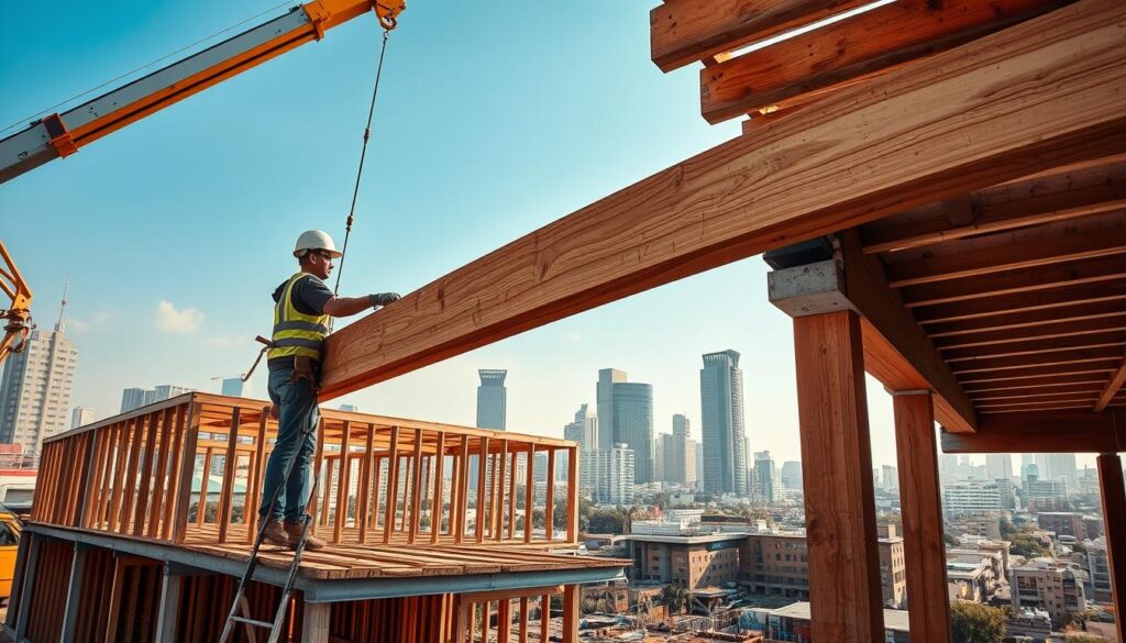 A well-lit, high-resolution image of a timber beam installation site in Gauteng, South Africa. The foreground shows a construction worker carefully positioning a wooden beam onto a steel frame, using a crane and safety equipment. The middle ground features a partially constructed building with exposed wooden beams, and the background showcases the urban skyline of Johannesburg. The scene conveys a sense of precision, professionalism, and the technical expertise required for timber beam installation projects. The lighting is warm and natural, creating a visually appealing and informative illustration for the article. A well-lit, high-resolution image of a timber beam installation site in Gauteng, South Africa. The foreground shows a construction worker carefully positioning a wooden beam onto a steel frame, using a crane and safety equipment. The middle ground features a partially constructed building with exposed wooden beams, and the background showcases the urban skyline of Johannesburg. The scene conveys a sense of precision, professionalism, and the technical expertise required for timber beam installation projects. The lighting is warm and natural, creating a visually appealing and informative illustration for the article.