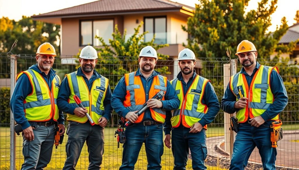 A well-lit, high-resolution image of several electric fence repair contractors standing in front of a residential property in Gauteng, South Africa. The contractors are wearing safety gear and holding tools, focused on assessing and repairing the electric fence. The property in the background features lush greenery and a modern architectural style typical of the Sandton and Pretoria areas. The lighting is a warm, golden hue, conveying a professional and trustworthy atmosphere. The image captures the regional expertise and quality of service these contractors provide for electric fence repair in the Gauteng region.