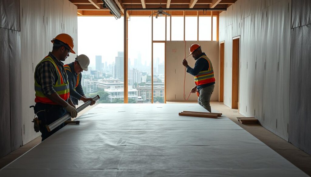 A well-lit, high-resolution photograph of a modern drywall installation process, showcasing the key factors that influence the cost in a South African context. In the foreground, skilled workers carefully measure, cut, and secure drywall panels, their tools and materials visible. In the middle ground, the framing and infrastructure of the building are clearly visible, highlighting the complexity of the installation. In the background, a view of the Johannesburg skyline or a similar urban South African setting, providing context. The lighting is natural and diffused, creating a sense of depth and emphasizing the textures of the materials. The overall tone is informative and visually engaging, capturing the nuances of drywall installation cost factors in South Africa.