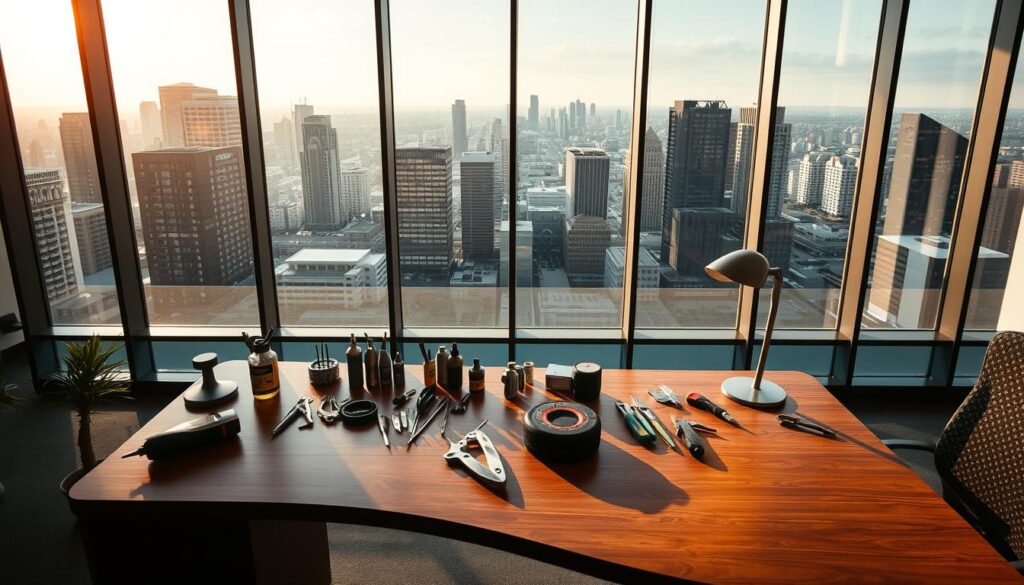 A well-lit, modern office interior with a centrally positioned, sleek wooden desk. On the desk, various repair tools and equipment are neatly arranged, suggesting a professional desk repair service. The background features floor-to-ceiling windows overlooking the bustling Gauteng cityscape, conveying a sense of a thriving commercial hub. The lighting is a mix of warm, natural sunlight and subtle, indirect lighting fixtures, creating a welcoming, productive atmosphere. The overall scene exudes an air of expertise, efficiency, and attention to detail, reflecting the high-quality desk repair services offered in the Gauteng region.
