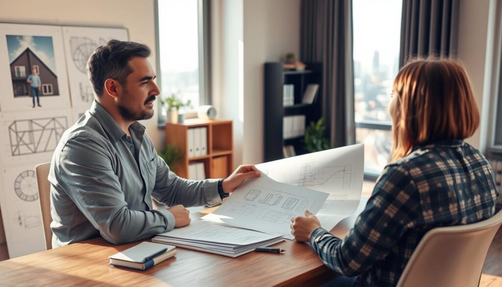A well-lit office interior with a handyman consultant seated at a wooden desk, discussing structural plans and cost estimates with a client. The consultant's expression is professional and attentive, while the client appears engaged in the conversation. The background features architectural drawings, a bookshelf, and a window overlooking a cityscape. The lighting is warm and natural, creating a welcoming and collaborative atmosphere. The scene conveys a sense of expertise, problem-solving, and transparent communication during the consultation process.