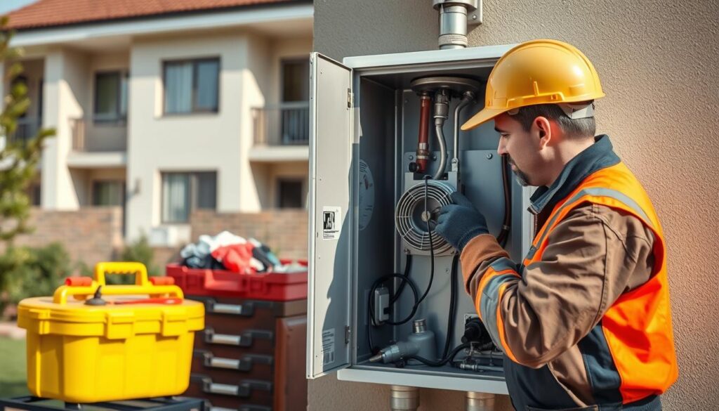 A well-lit, on-site scene showcasing a professional handyman service for geyser element replacement. In the foreground, a skilled technician in a uniform and safety gear carefully inspects and replaces a damaged heating element within an open geyser unit. The middle ground features neatly organized toolboxes, spare parts, and a clean work area. In the background, a modern, residential building provides context, conveying a sense of a reliable, domestic service. The lighting is natural, with soft shadows and highlights that accentuate the technician's focused attention to detail. The overall composition and tone suggest a competent, trustworthy, and transparent geyser element replacement service.
