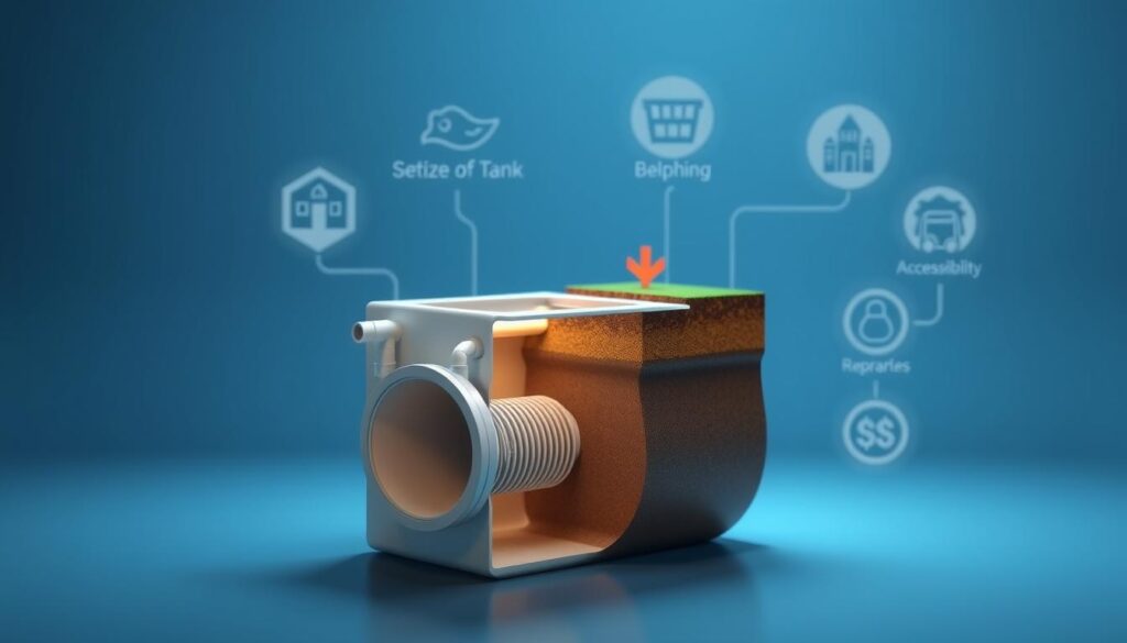 A well-lit, realistic 3D illustration of the key factors that determine the cost of septic tank cleaning. In the foreground, a septic tank with a cutaway view showcasing its internal components - the tank, inlet and outlet pipes, and baffles. In the middle ground, visuals representing the size of the septic system, the depth of the tank, and the accessibility of the site. In the background, icons or infographics depicting the frequency of pumping, the disposal method, and any necessary repairs or upgrades. Rendered with a clean, technical aesthetic and a color palette of blues, grays, and earthy tones to convey a sense of professionalism and authority.