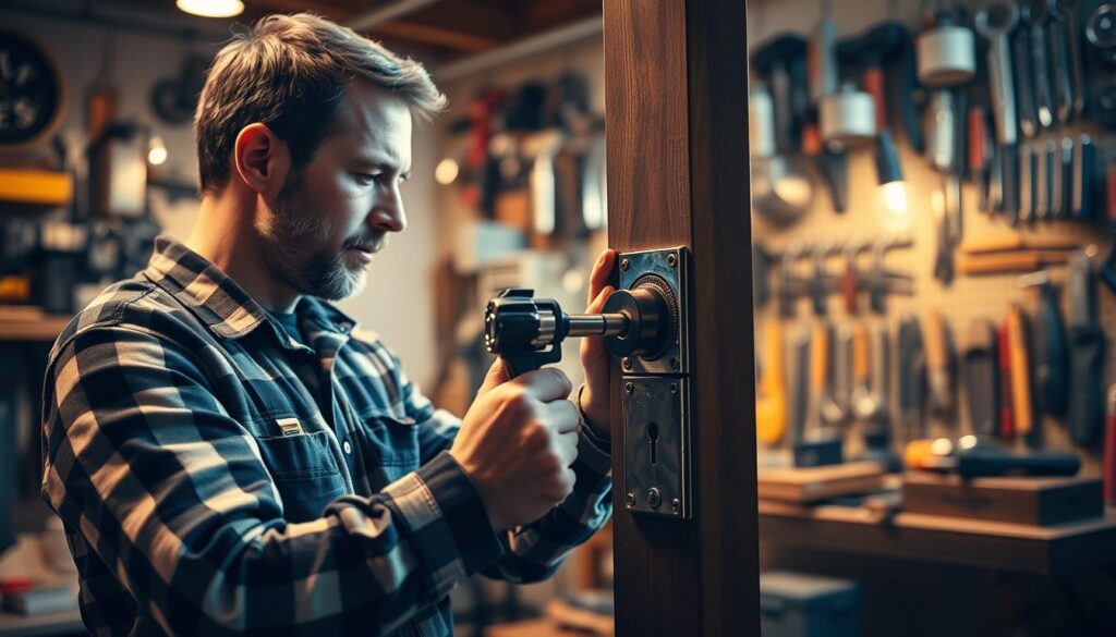 A well-lit workshop interior with a professional handyman carefully installing a high-quality door lock. Warm, soft lighting illuminates the scene, casting subtle shadows and highlighting the handyman's skilled hands at work. The background showcases an assortment of reliable tools and hardware, conveying expertise and attention to detail. The foreground focuses on the lock installation process, with the handyman using specialized tools to ensure a secure, seamless fit. The overall atmosphere exudes trust, reliability, and the dedication of an experienced, independent lock installation service.