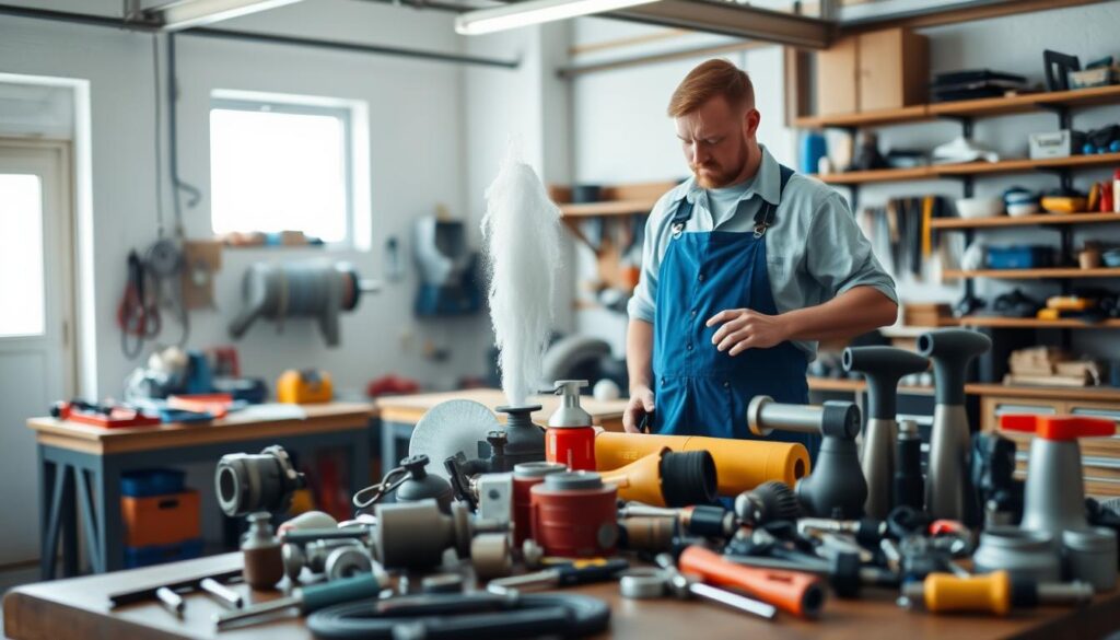 A well-lit workshop interior with an experienced handyman in blue overalls examining a geyser system, tools and spare parts scattered on a workbench in the foreground. The middle ground shows the handyman carefully disassembling the geyser, while the background displays signage advertising "Geyser Repair Specialists" with a phone number. The scene conveys professionalism, attention to detail, and a commitment to providing reliable, affordable geyser repair services to homeowners in Johannesburg.