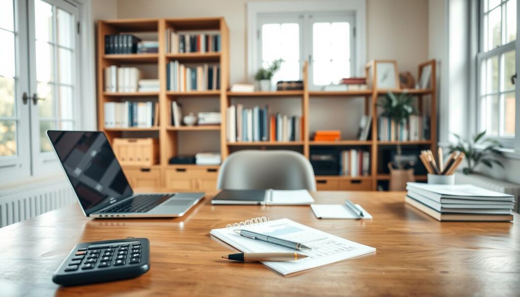 A well-organized home office with a sturdy wooden desk, a laptop, and various office supplies neatly arranged. Soft, natural lighting filters through large windows, creating a warm and inviting atmosphere. In the background, a bookshelf filled with relevant books and resources. On the desk, a calculator, a pen, and a notepad with budget planning notes and figures. The overall scene conveys a sense of productivity, efficiency, and careful financial planning for a home office addition.