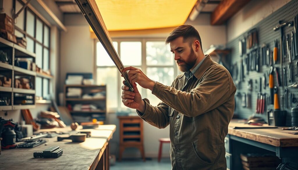A workshop interior with an expert handyman repairing a shadeport. Warm natural lighting from a large window illuminates the scene, casting soft shadows. Workbenches line the walls, stocked with tools and materials. The handyman, wearing a worn but practical uniform, is carefully examining the shadeport mechanism, ready to skillfully diagnose and fix any issues. The background features orderly shelves of replacement parts and a pegboard displaying an array of specialized tools. An atmosphere of professionalism and competence pervades the space, conveying the reliable and trustworthy nature of the independent shadeport repair service.