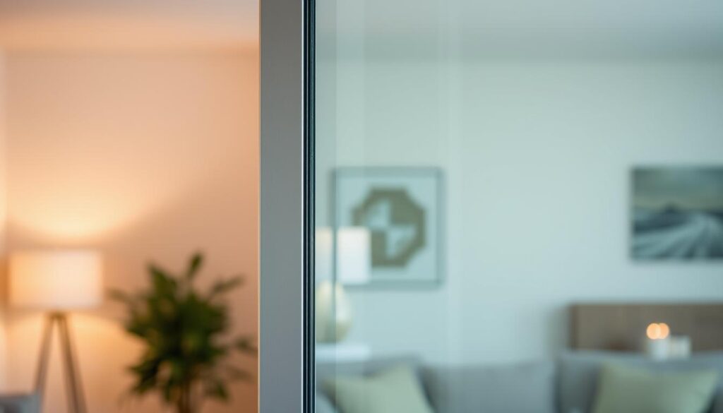 Aluminium sliding door installation cost factors: close-up view of a sleek, modern aluminium sliding door frame against a blurred background of a residential interior. The frame is depicted with precise details, highlighting the material's sheen and durability. Subtle backlighting casts a warm glow, emphasizing the door's seamless integration into the space. The composition conveys a sense of sophistication and attention to design elements that contribute to the overall installation cost.