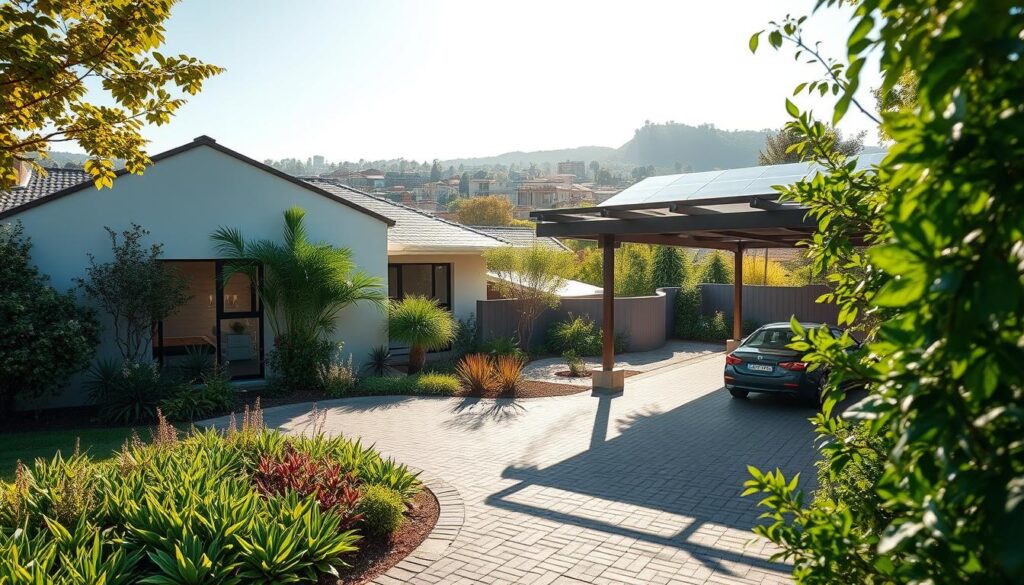An elegant, modern home with a sleek, energy-efficient design nestled amidst lush greenery in the heart of Gauteng. Sunlight filters through large windows, illuminating the sustainable materials and fixtures. In the foreground, a well-manicured garden showcases vibrant, drought-resistant plants. The middle ground features a neatly paved driveway leading to a carport with solar panels on the roof. In the background, a blend of contemporary and traditional architectural styles creates a harmonious urban landscape. The overall scene conveys a sense of environmental consciousness and a commitment to eco-friendly living.