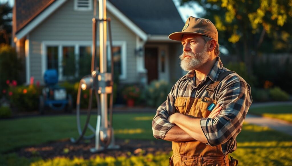 An independent handyman with a rugged, capable appearance standing in front of a residential home, tools in hand, examining a borehole drilling site. The scene is bathed in warm, natural lighting, casting long shadows that hint at the afternoon sun. The handyman's expression is one of focused determination, conveying their expertise and commitment to the project. In the background, a neatly manicured lawn and lush vegetation suggest a prosperous suburban setting, while the borehole equipment lays ready for installation, hinting at the upcoming task. The overall mood is one of professionalism, reliability, and a dedication to providing high-quality borehole services. An independent handyman with a rugged, capable appearance standing in front of a residential home, tools in hand, examining a borehole drilling site. The scene is bathed in warm, natural lighting, casting long shadows that hint at the afternoon sun. The handyman's expression is one of focused determination, conveying their expertise and commitment to the project. In the background, a neatly manicured lawn and lush vegetation suggest a prosperous suburban setting, while the borehole equipment lays ready for installation, hinting at the upcoming task. The overall mood is one of professionalism, reliability, and a dedication to providing high-quality borehole services.