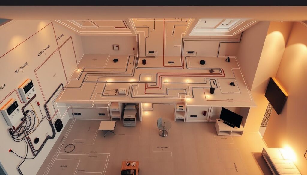 Detailed architectural diagram showcasing smart home pre-wiring components and installation workflow in Johannesburg, South Africa. Expansive view with highlighted wiring pathways, access panels, and automation hubs in a contemporary minimalist home interior. Warm lighting casts soft shadows, emphasizing the intricate cabling network. High-angle perspective captures the comprehensive planning required for seamless smart home integration. Technical schematics blend with stylized aesthetics, conveying the sophistication and complexity of the pre-wiring process.