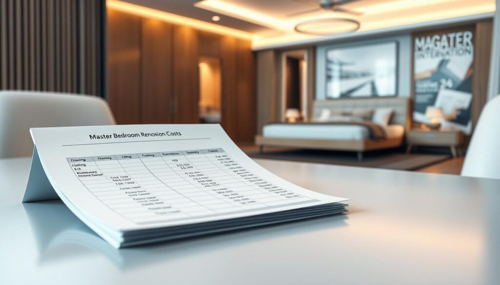 Detailed breakdown of master bedroom renovation costs, showcased on a sleek, modern table. In the foreground, a minimalist spreadsheet layout displays itemized expenses - flooring, lighting, furniture, decor. Subtle shadows and soft, warm lighting create a professional, informative ambiance. In the middle ground, a 3D render of a luxurious master bedroom with clean lines, natural wood accents, and a plush bedding set. The background features a blurred, high-end interior design magazine cover, hinting at the inspirational nature of the renovation. The overall composition strikes a balance between analytical data and aspirational design. Detailed breakdown of master bedroom renovation costs, showcased on a sleek, modern table. In the foreground, a minimalist spreadsheet layout displays itemized expenses - flooring, lighting, furniture, decor. Subtle shadows and soft, warm lighting create a professional, informative ambiance. In the middle ground, a 3D render of a luxurious master bedroom with clean lines, natural wood accents, and a plush bedding set. The background features a blurred, high-end interior design magazine cover, hinting at the inspirational nature of the renovation. The overall composition strikes a balance between analytical data and aspirational design.