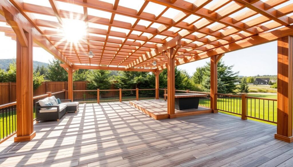 Pergola deck combination on a sunny patio, showcasing a harmonious blend of natural wood and modern design. A spacious, L-shaped deck extends from the pergola, creating a welcoming outdoor living space. Sunlight filters through the slatted pergola roof, casting a warm, inviting glow. The deck features clean lines, high-quality wood, and subtle accents that complement the pergola's structure. In the background, lush greenery and a serene landscape set the scene, evoking a sense of tranquility and relaxation. Captured with a wide-angle lens, the image highlights the seamless integration of the pergola and deck, emphasizing the value and appeal of this versatile outdoor feature. Pergola deck combination on a sunny patio, showcasing a harmonious blend of natural wood and modern design. A spacious, L-shaped deck extends from the pergola, creating a welcoming outdoor living space. Sunlight filters through the slatted pergola roof, casting a warm, inviting glow. The deck features clean lines, high-quality wood, and subtle accents that complement the pergola's structure. In the background, lush greenery and a serene landscape set the scene, evoking a sense of tranquility and relaxation. Captured with a wide-angle lens, the image highlights the seamless integration of the pergola and deck, emphasizing the value and appeal of this versatile outdoor feature.