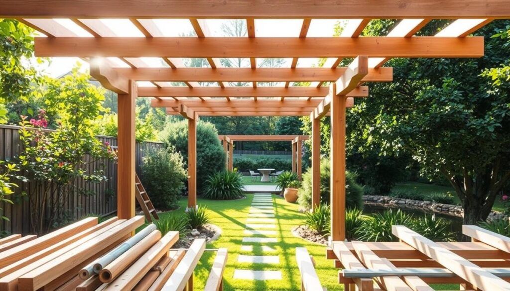 Pergola installation in a lush Johannesburg garden, showcasing key factors that determine the price. A modern wooden pergola structure takes center stage, surrounded by vibrant greenery and natural light filtering through the slats. In the foreground, various construction materials like beams, posts, and fasteners are neatly arranged, conveying the attention to detail required. The middle ground features a garden path leading to the pergola, emphasizing the integration of the structure into the landscape. In the background, a tranquil pond reflects the pergola, creating a serene and harmonious atmosphere. The overall scene conveys the high-quality craftsmanship and thoughtful design considerations that contribute to the final pergola installation price.